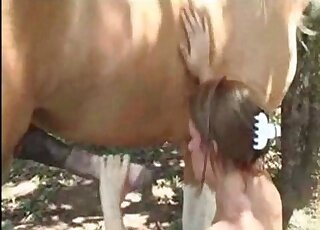 Cock of a farm animal in a women mouth looks hot