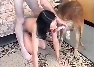 Doggy and slender woman with long legs