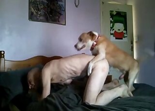 Thin bald man getting butt-blasted by a dog