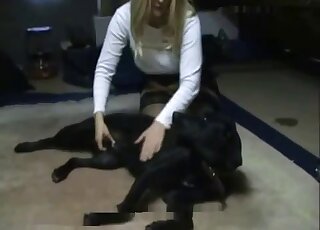 Fair-haired mommy jacking off a dog on camera