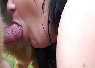 Raven-haired chick wants to worship dog dick