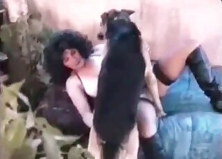 Curly hair brunette gets fucked by a dog