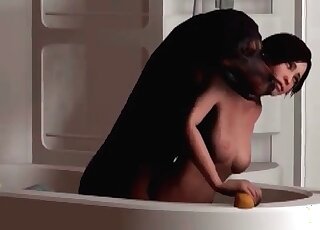 Brunette fucks a dog in a hot tub