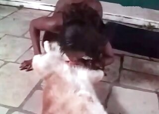 Black chick blows a cute little dog