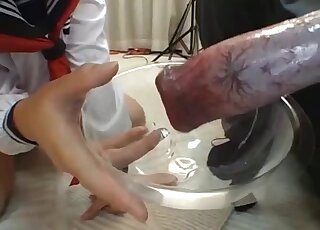 Aesthetic Asian swallows doggy semen on camera