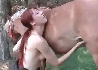 Red-haired hottie gets fucked by a giant horse