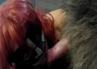 Redhead is sucking a big doggy cock on the camera