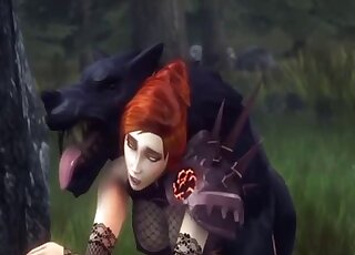 Helpless and busty redhead fucks a black wolf