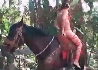 Brunette in red seducing a hung horse